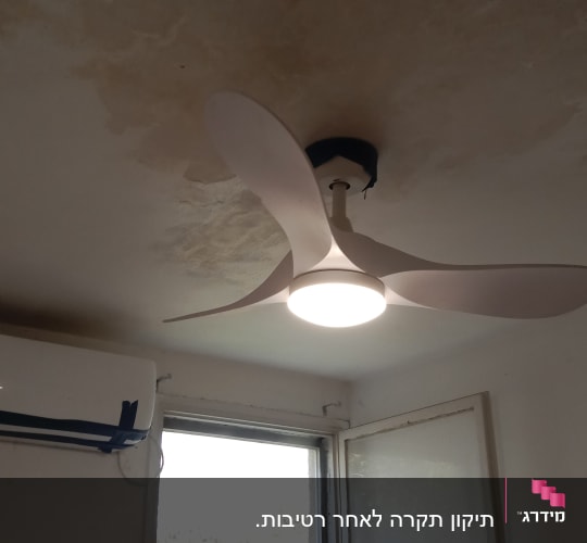 מאוורר תקרה, סולם וכלי צביעה בחדר.